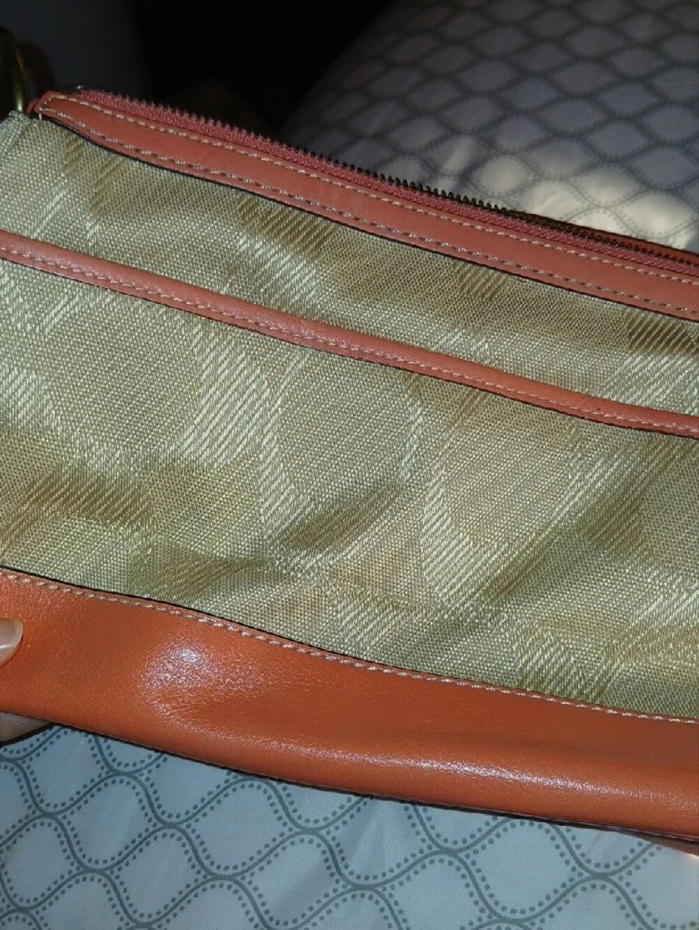 Coach Beige Canvas Shoulder Bag with Tan Leather Trim